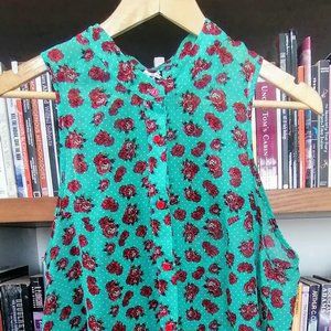 IRON FIST Chiffon Shirt Skull and Rose Teal Turquoise Blouse Goth Tattoo Punk S